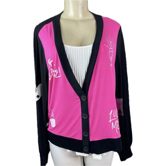 Lovesick +4 Black-Pink Button Down Graffiti-Tattoo Inspired Graphic Cardigan Top - Picture 2 of 6